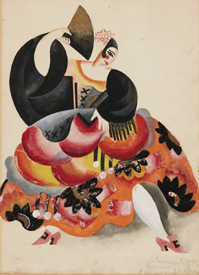 COSTUME DESIGN FOR CATHERINE DEVILLIERS IN SPANISH DANCE AT THE BLAUE VOGEL