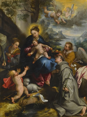 THE MADONNA AND CHILD WITH SAINTS CATHERINE, DOMINIC AND THE INFANT SAINT JOHN THE BAPTIST, A LANDSCAPE BEYOND