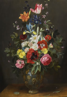 A STILL LIFE OF ROSES, LILIES, TULIPS AND OTHER FLOWERS IN A VASE WITH A BUTTERFLY