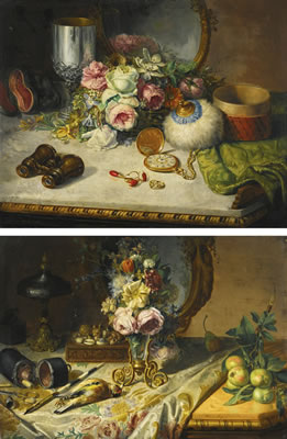 A STILL LIFE OF FLOWERS AND APPLES ON A TABLE TOP PARTLY DRAPED WITH ORNATE FABRIC; A STILL LIFE OF FLOWERS AND JEWELLERY AND A SILVER CUP ON MARBLE TABLE TOP