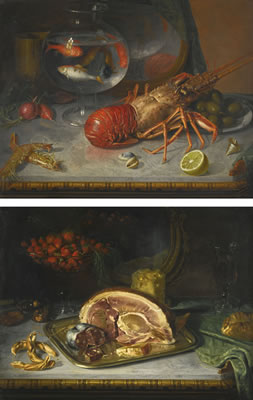 STILL LIFE OF MEATS AND CHEESE ON A SILVER PLATTER AND BOWL OF STRAWBERRIES; STILL LIFE OF A LOBSTER AND PRAWNS BEFORE A BOWL OF GOLD FISH by Miguel Parra - Auction record, sale price, and art valuation. Compare with similar artists and explore comparable artworks.