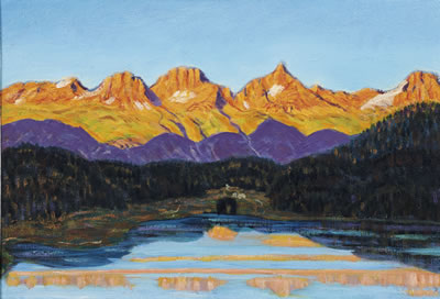 SONNENUNTERGANG AM ST. MORITZERSEE MIT BLICK AUF PIZ LANGUARD