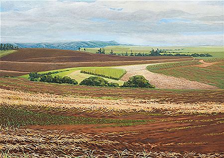 Sample artwork by Diamond Bozas (1923 - 2019), known for atmospheric and symbolic scene painting, decorative still life - View similar artists and auction records