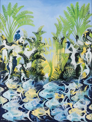 TROPICAL RIVER WITH FISH AND BIRDS