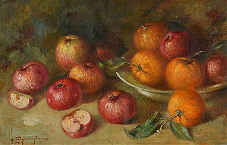"Natures mortes aux pommes, clémentines et mangues