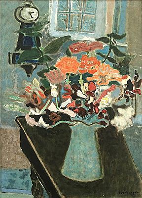 The Clock and Flowers in a Blue Vase