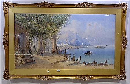 Figures beside a lake in an Italian landscape