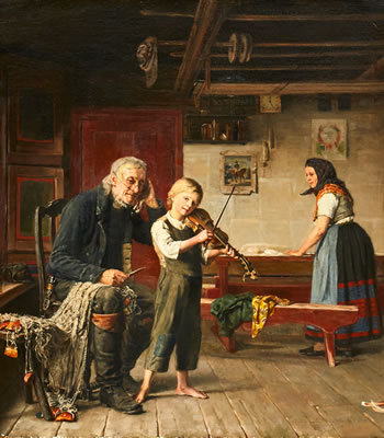 An interior with a boy playing the violin