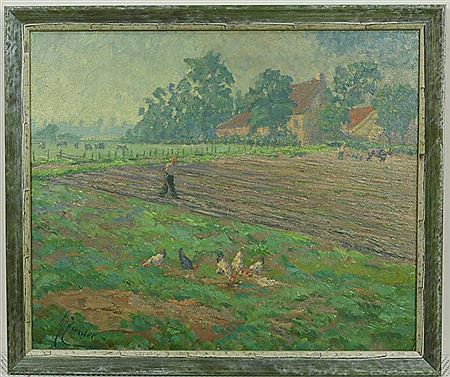 Landschap met boeren in het veld