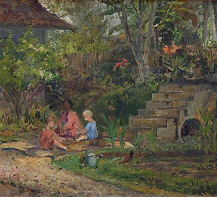 Children with their baboe in a garden by Frans Bakker - Auction record, sale price, and art valuation. Compare with similar artists and explore comparable artworks.