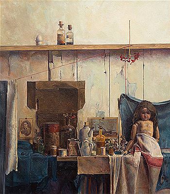 Still life with bottles and a doll