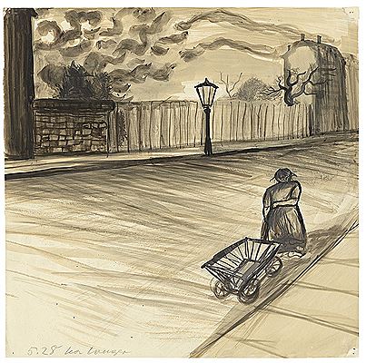 Frau mit Handwagen