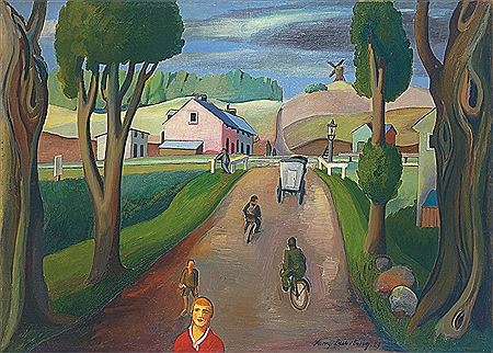 Dorfstraße mit Milchwagen