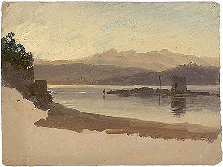 Mountainous river landscape with ruins on an island