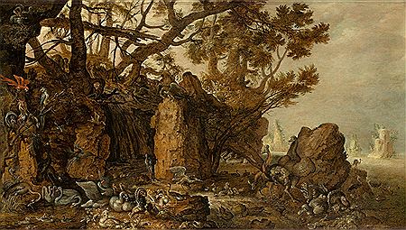 Rocky coastal scenery with dodos and other birds – after Roelant Savery (1576/78–1639).
