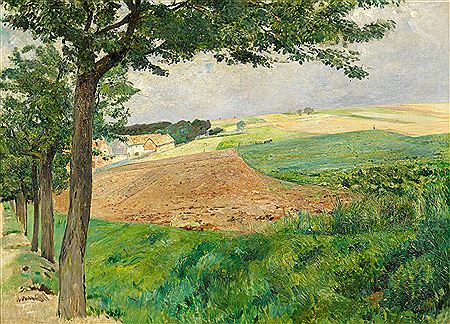 Thüringische Landschaft. Weg nach Tiefurt. Rückseitig: Diverse alte Sammlungs- und Ausstellungsetiketten