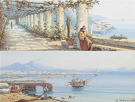 Die Loggia des Kapuzinerkonvents San Francesco in Amalfi" und "Küstenpartie bei Neapel mit Blick auf den Vesuv" (2)