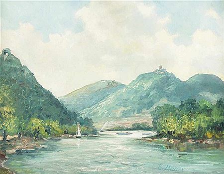 "Blick in das Rheintal mit Drachenfels und Rolandsbogen"