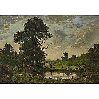 BARBIZON RIVER LANDSCAPE WITH MAN AND HIS DOG, 1910