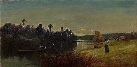 Maori Figures on the River at Sunset
