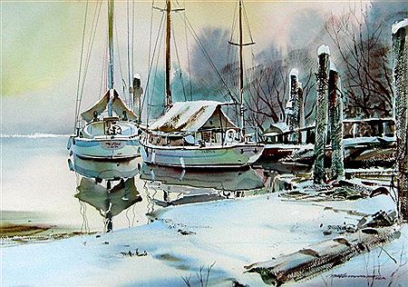 Saliboats Moored under Winter Snow