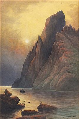 Boat leaving rocky cove, Sunset