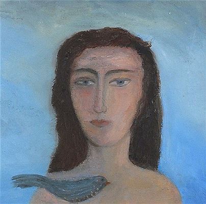 'Woman and Bird' - head & shoulder portrait of a brunette female