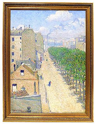 Blue garbed figure rushing down Parisian avenue