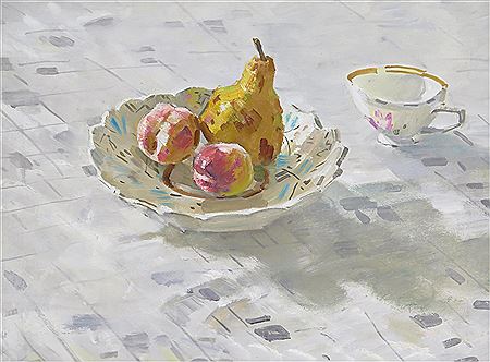 Still life of fruit and a tea cup