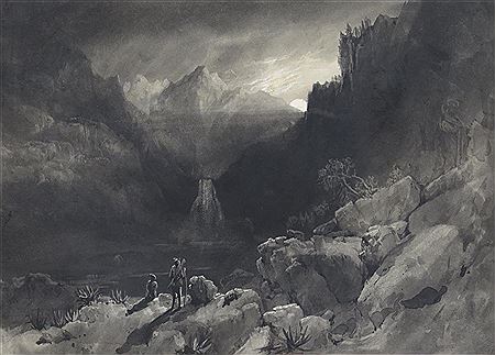 Indians by moonlight in a mountainous landscape with a waterfall