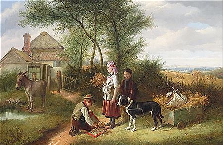 Children with a dog and cart and a donkey at harvest time by Reuben Hunt - Auction record, sale price, and art valuation. Compare with similar artists and explore comparable artworks.