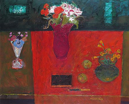Still life of three vases of flowers, apples and a pen