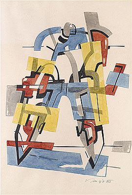 Sample artwork by Jan Ryz (1946 - 2017), known for pop-art, painting, collage, drawing, speeding vehicles, sport themes, teaching - View similar artists and auction records