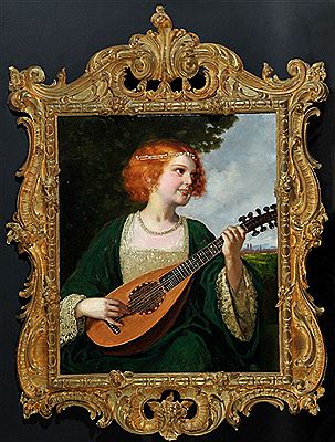 Mädchen mit Laute in Renaissancetracht, im Hintergrund die Silhouette von München