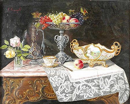 Stillleben mit Obstschale und Spitzendeckchen