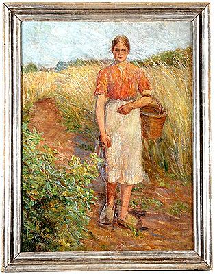 Hamburg Mädchen vor Getreidefeld.- Sommerliche Schilderung in impressionist
