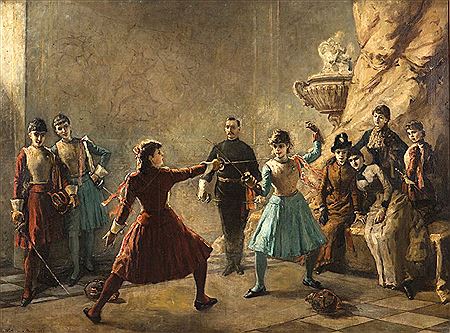 La leçon d'escrime. Duel féminin dans un palais, Paris, 1885
