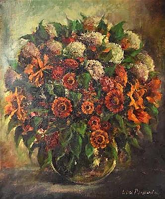 "Bunter Sommerblumenstrauß" in Glasvase, mit orange- und rotfarbenen Blüten