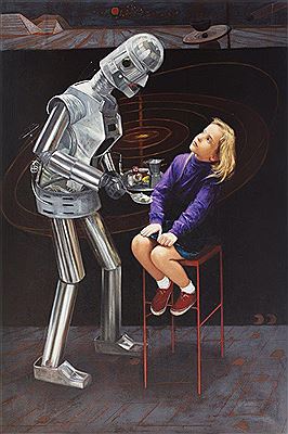 Girl playing with a robot