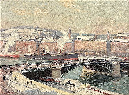 Pont Boieldieu snow at sunset