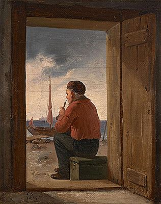 Fisherman on the threshold of a house overlooking the sea