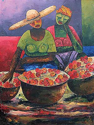 Women III by George Edozie - Auction record, sale price, and art valuation. Compare with similar artists and explore comparable artworks.