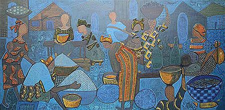 VILLAGE MARKET SCENE 1980 by Nike Okundaye Davies - Auction record, sale price, and art valuation. Compare with similar artists and explore comparable artworks.