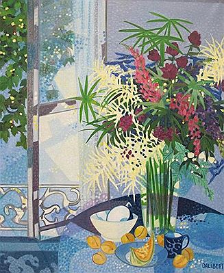 Bouquet et nature morte au melon et aux abricots