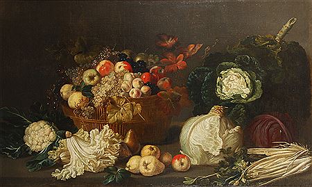 Panier de fruits, choux et légumes sur une tablette