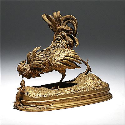 Rooster with a lizard