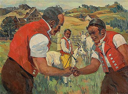 Appenzeller beim "Hööggle" vor Landschaft, 1933