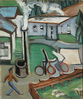 Fahrradfahrer vor Fabrikgebäude, Teerofen, 1941