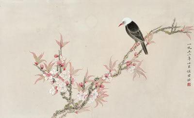 PEACH AND BIRD IN SPRING
