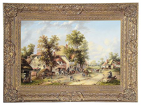 A busy rural village scene with numerous figures & animals